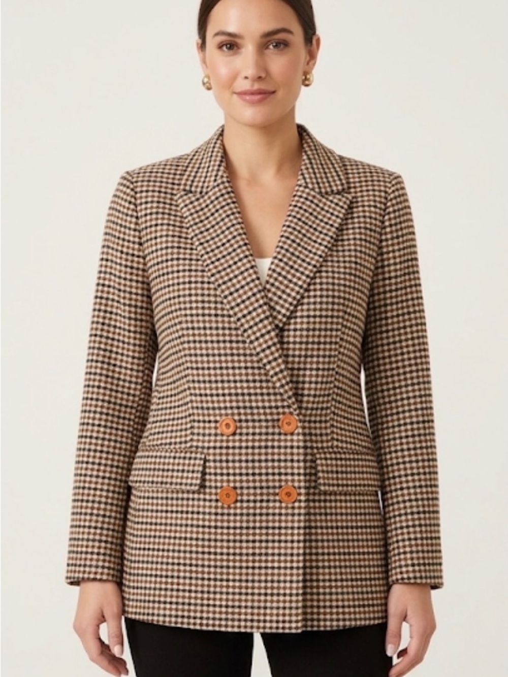Julie Brown Plaid Double Breasted Blazer Career Professional Trendy Brown Small